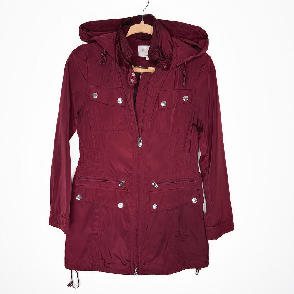 Laundry by Shelli Segal Cinched Waist Maroon Hooded Long Rain Jacket Coat PP